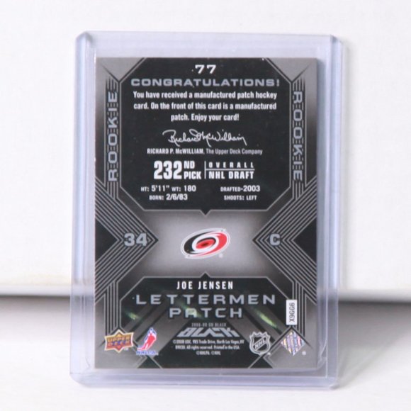 Joe Jensen UD Black Lettermen Patch Card 2008/09 Carolina Hurricanes 217/399 #77 - Picture 2 of 2